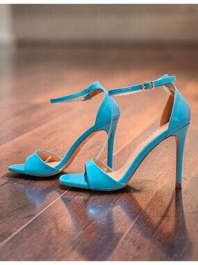 Elegant Blue Patent Leather Stiletto Heels With Ankle Strap & Open Toe For Women